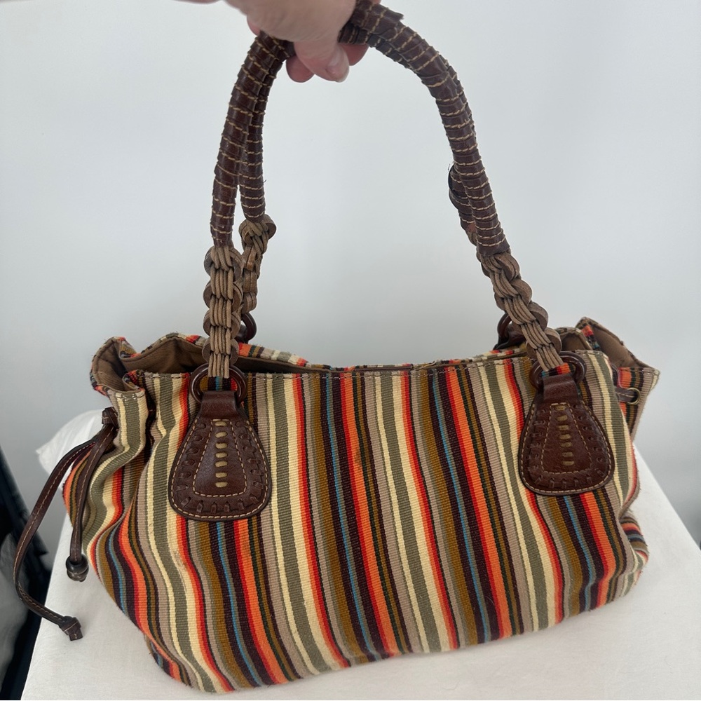 Fossil Striped Multicolor Canvas Tote with Braided Leather Handles Purse
